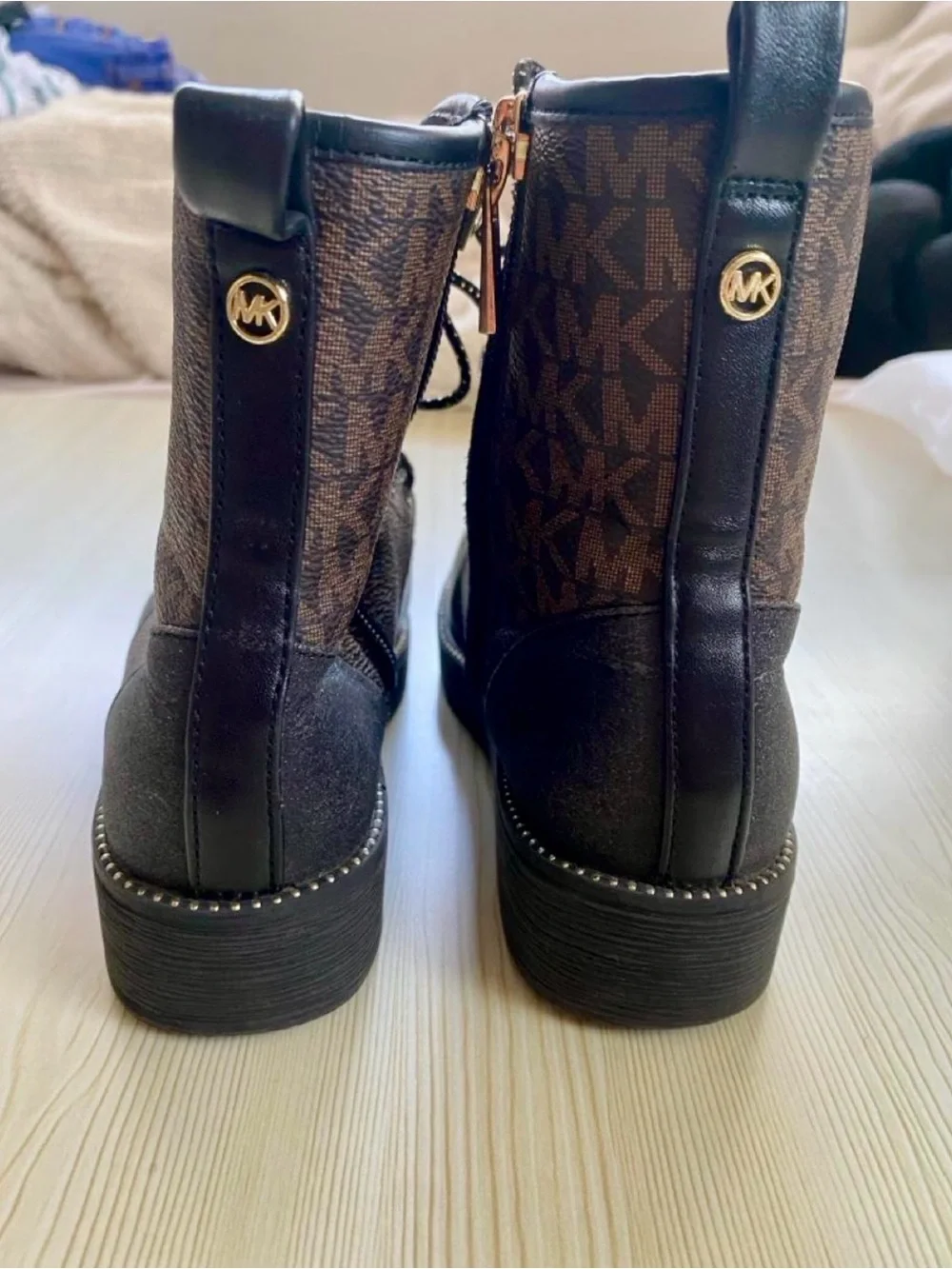 Michael Kors Black and Brown Logo Lace-Up Combat Boots